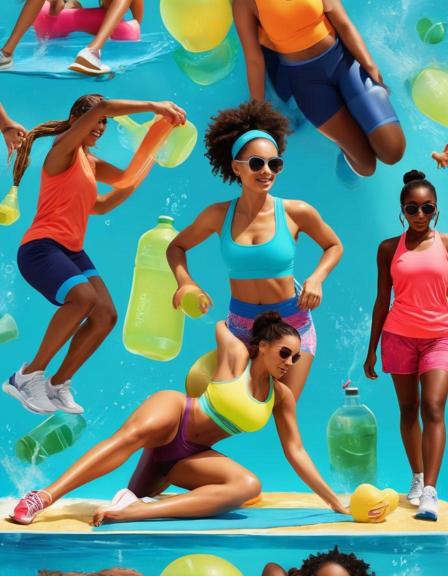 A vibrant summer scene featuring a diverse group of stylish individuals wearing trendy activewear, surrounded by refreshing water elements like splashes and hydration bottles. They are engaged in fun outdoor activities such as jogging, yoga, and playing sports in a sunlit park. The colors are bright and cheerful, showcasing the latest patterns and designs in activewear. Include details like sunglasses, hats, and colorful sports gear to emphasize style and hydration. super-realistic. vibrant colors. outdoor setting.